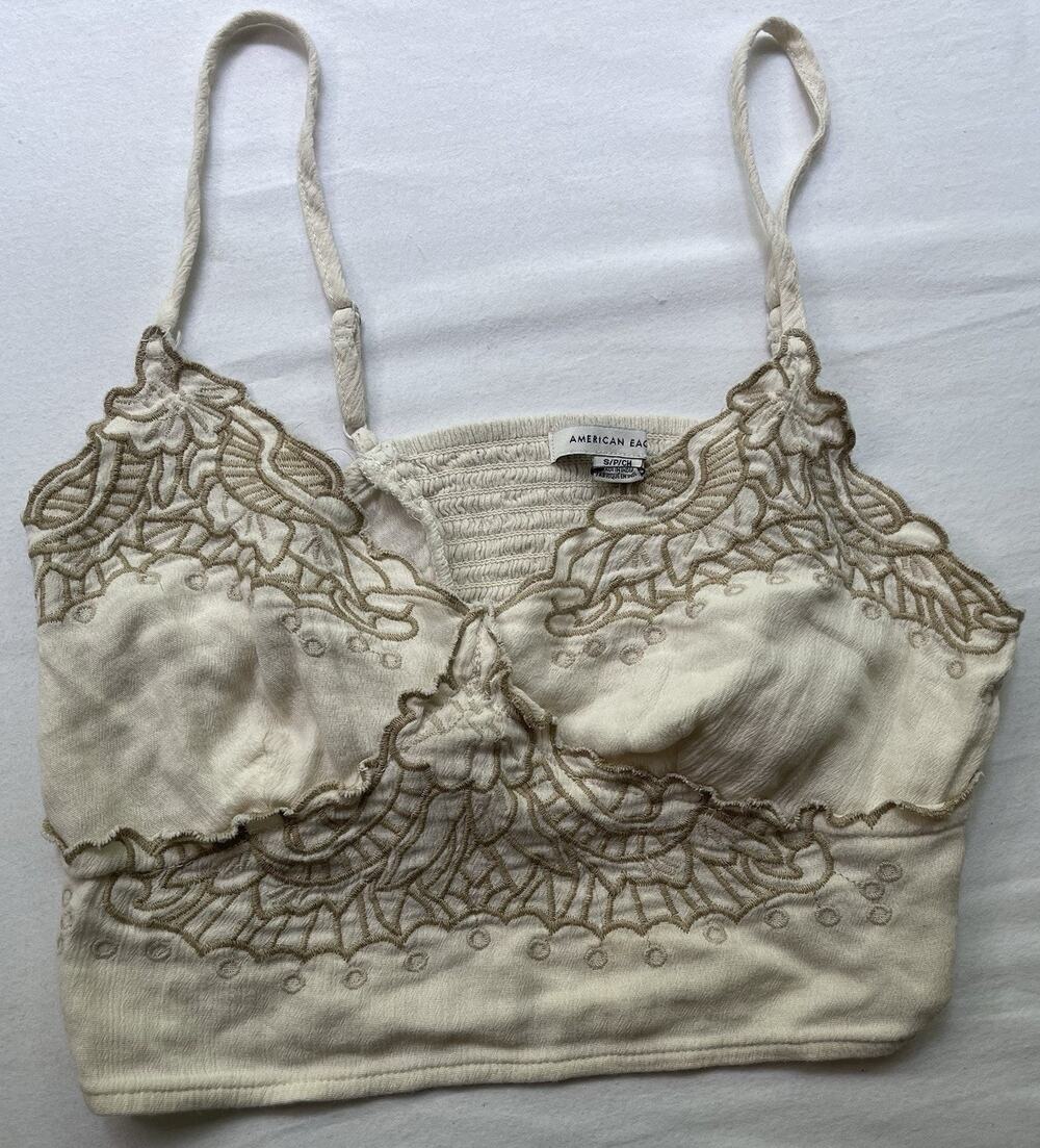 American Eagle Cream Lace Embroidered Bralette Crop Top Spaghetti Small Y2K